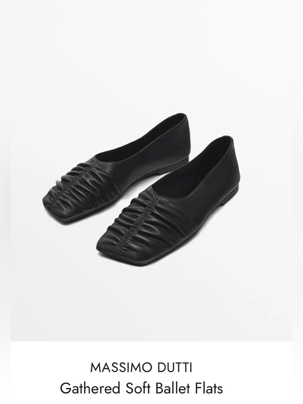 Massimo Dutti Soft Leather Ruched Square-Toe Black Ballet Flats, Size 39